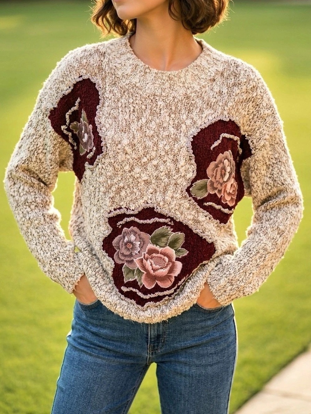 Vintage Women’s Floral Fabric Appliqués Textured Knit Sweater Embroidered Rose